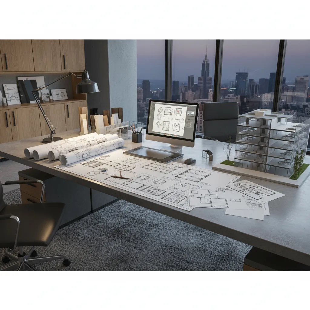 Plano de distribución de oficina ejecutiva sobre mesa de trabajo