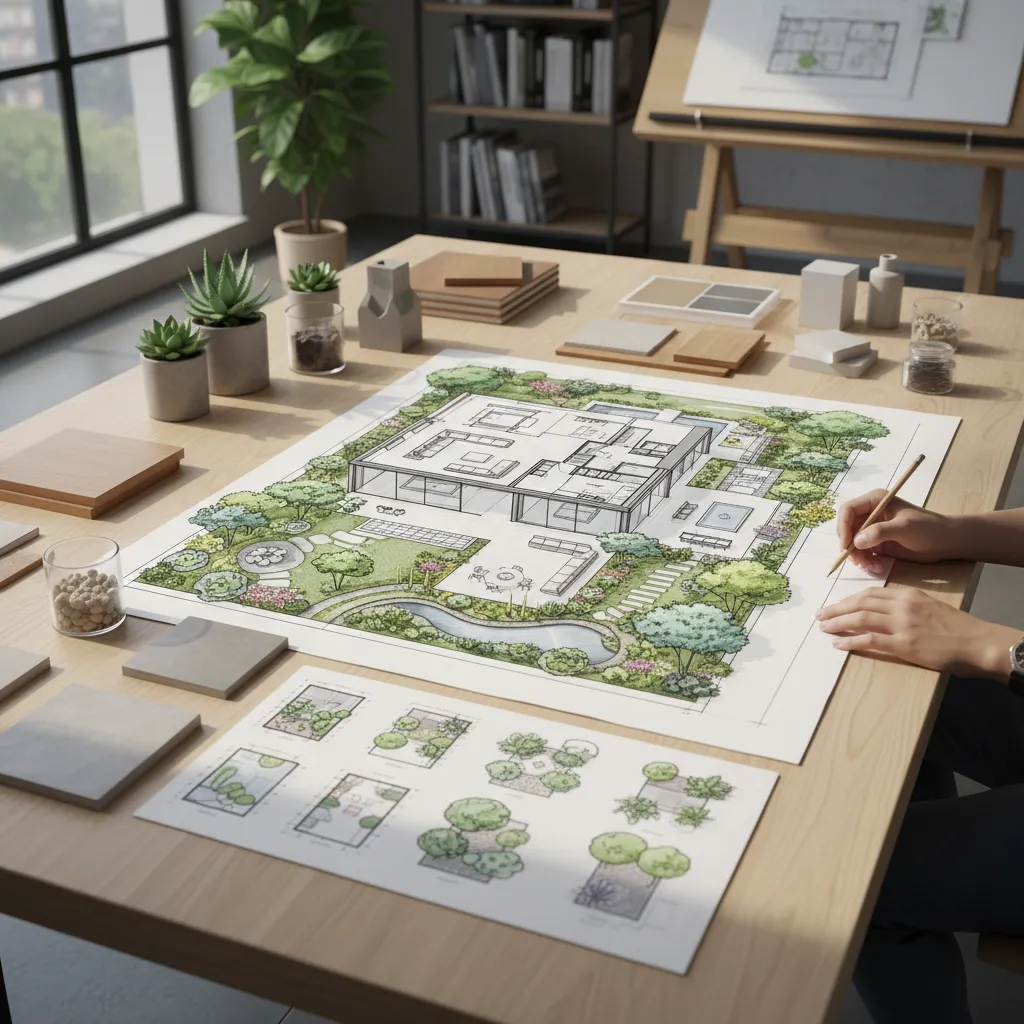 Plano conceptual que conecta interior de una vivienda con jardín exterior