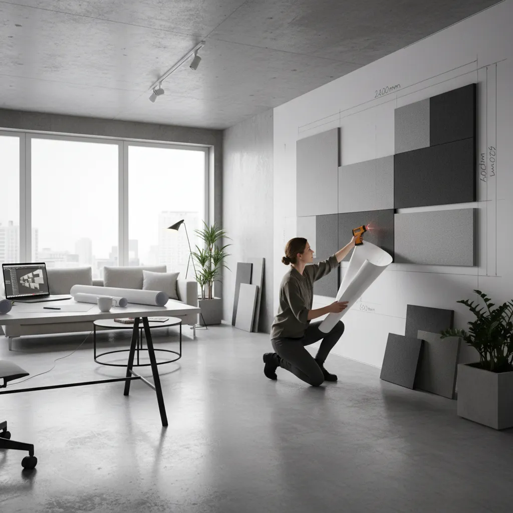 Designer installs grey wall panels in bright room with a desk and a laptop computer