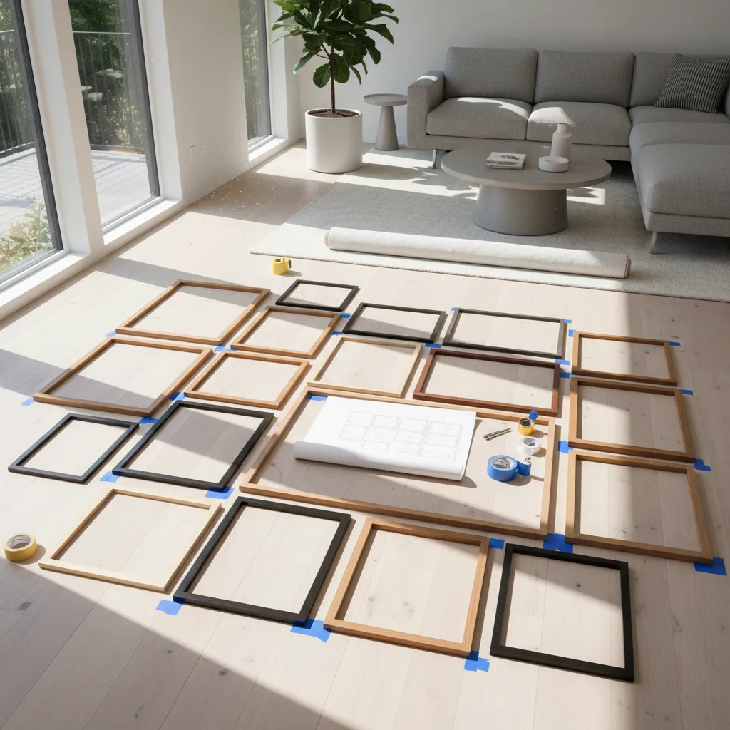 Various empty picture frames arranged on wooden floor for gallery wall planning with paper layout