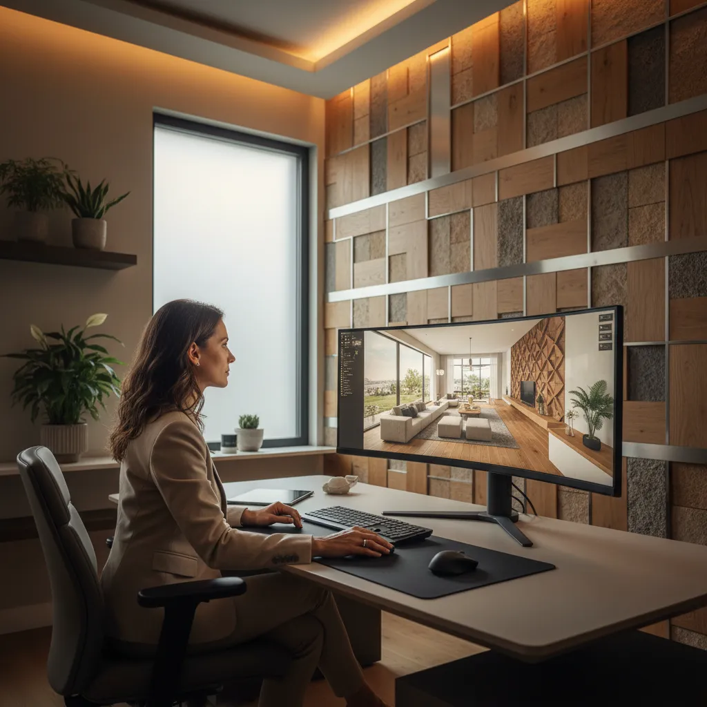 Diseño interior planificando una pared enfoscada en plano 3D