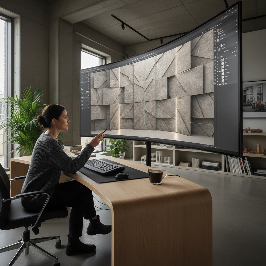 Designer using a large curved monitor to create an interior design drawing of a wall