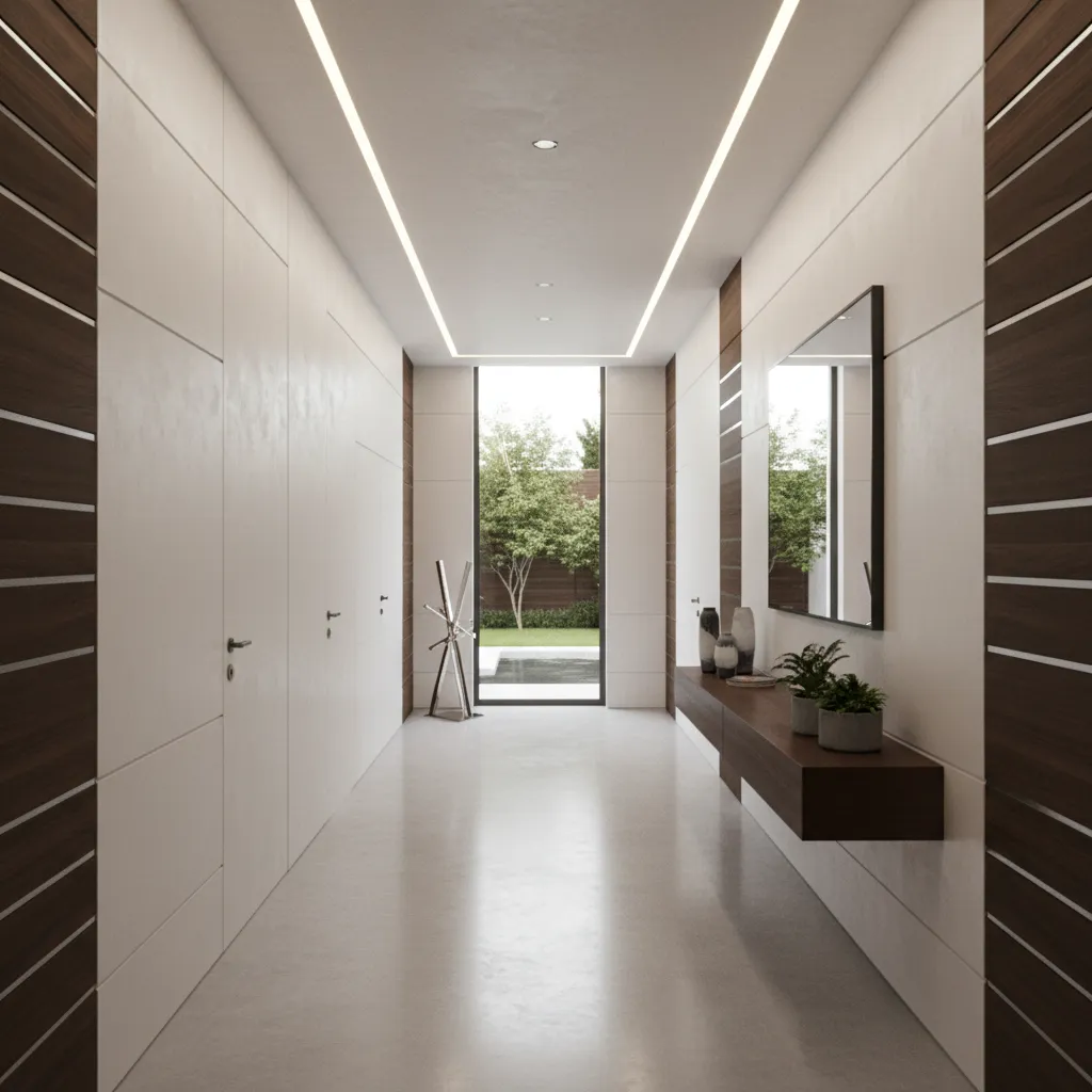Minimalist hallway with white walls, wood panels, linear ceiling lights, floating shelf, and garden view