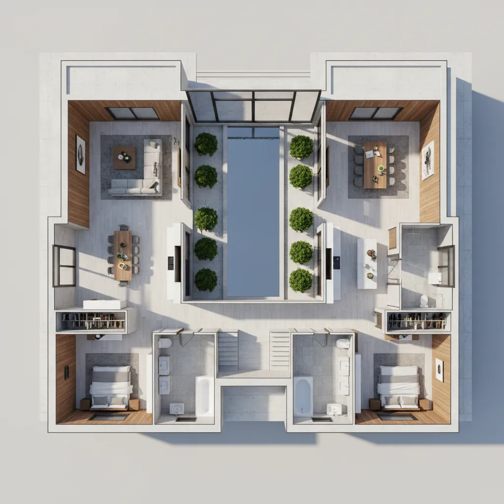 Plano 3D de una vivienda mostrando la relación entre las habitaciones y el patio