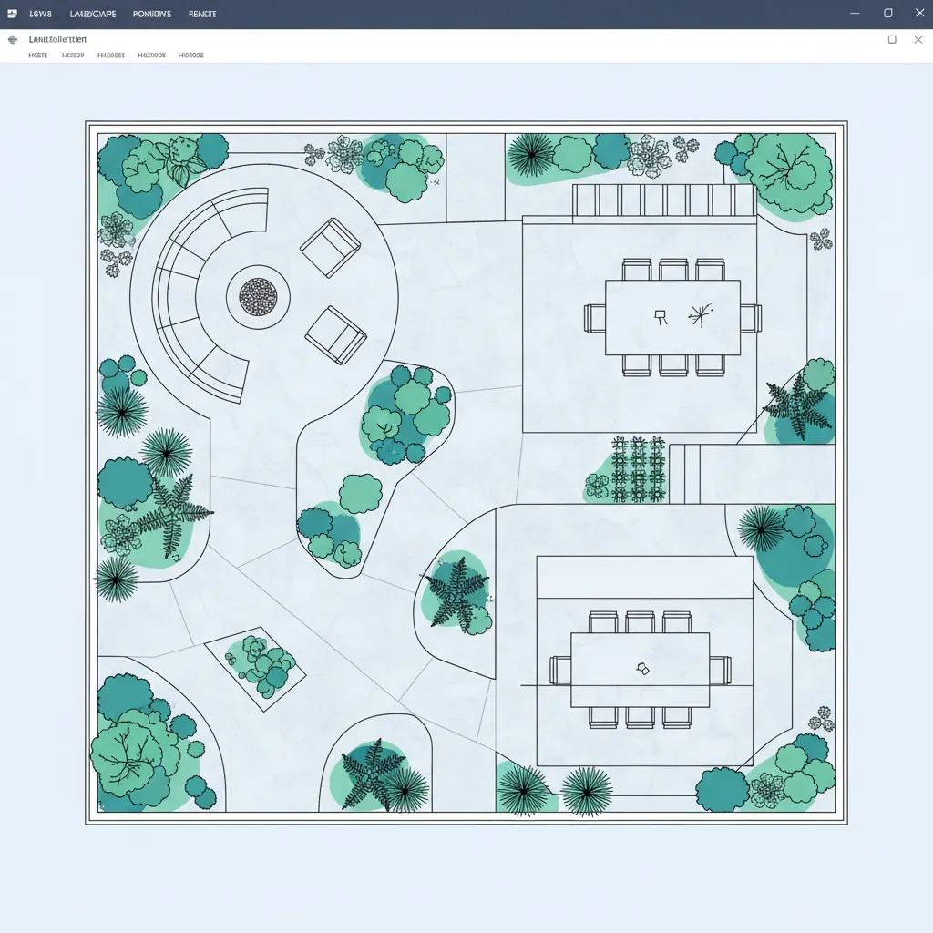 Coohom software interface showing a detailed top view landscape floor plan with garden and seating