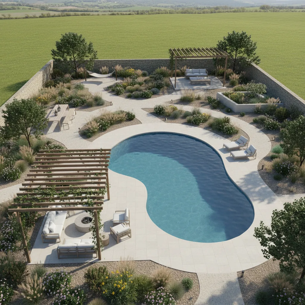 Backyard interior design drawing showing a curved pool with wooden shade structures and walking paths