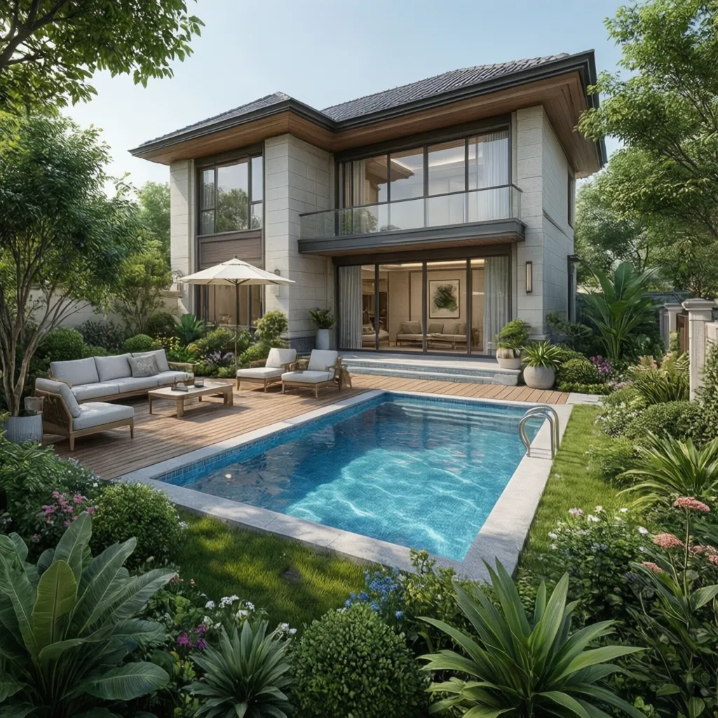 Visualización de distribución exterior con piscina y jardín