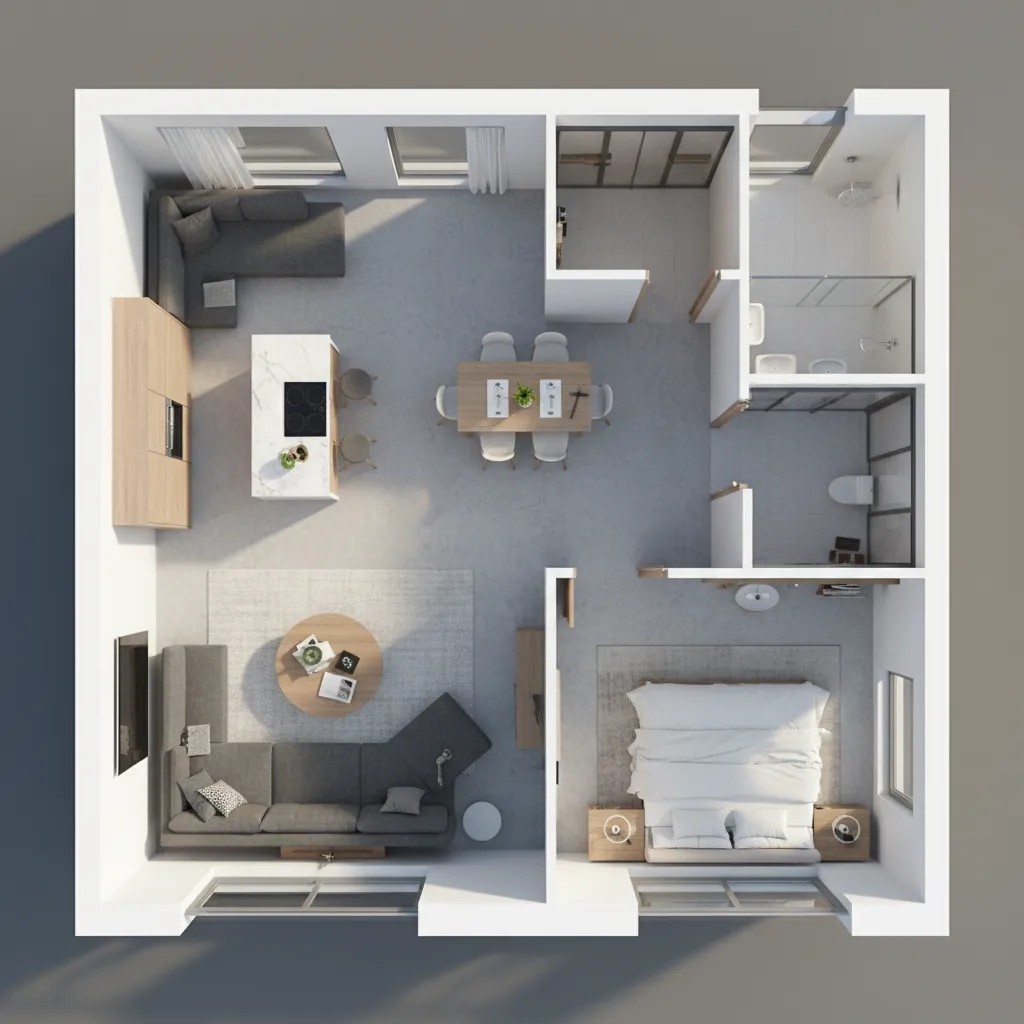 Plano tridimensional de un apartamento con distribución de muebles