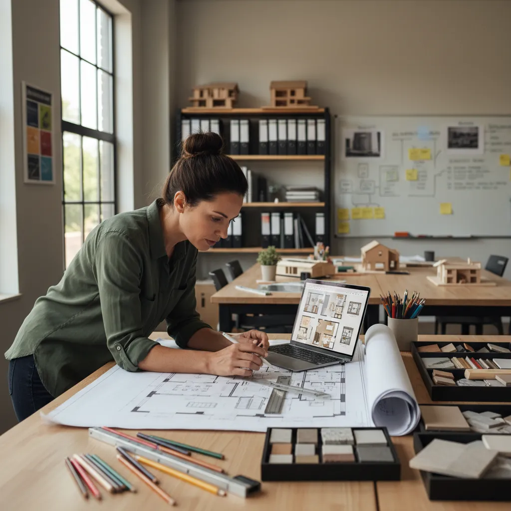 Diseñador revisando planos de vivienda en una mesa de trabajo