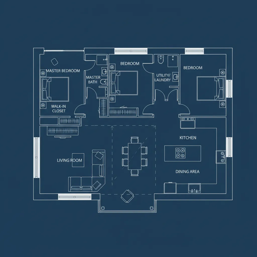 Plano arquitectónico de una vivienda optimizada para eficiencia energética