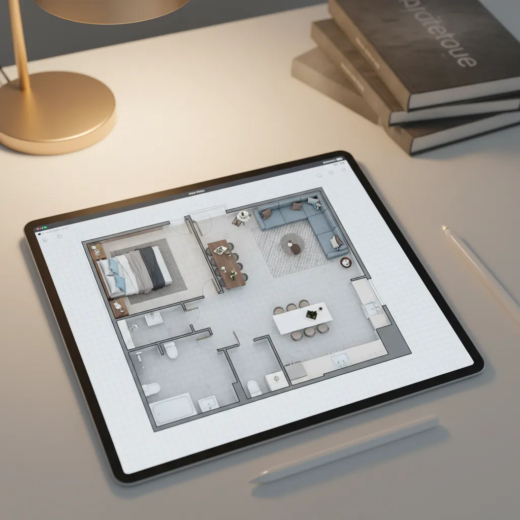Plano digital de vivienda con distribución de muebles