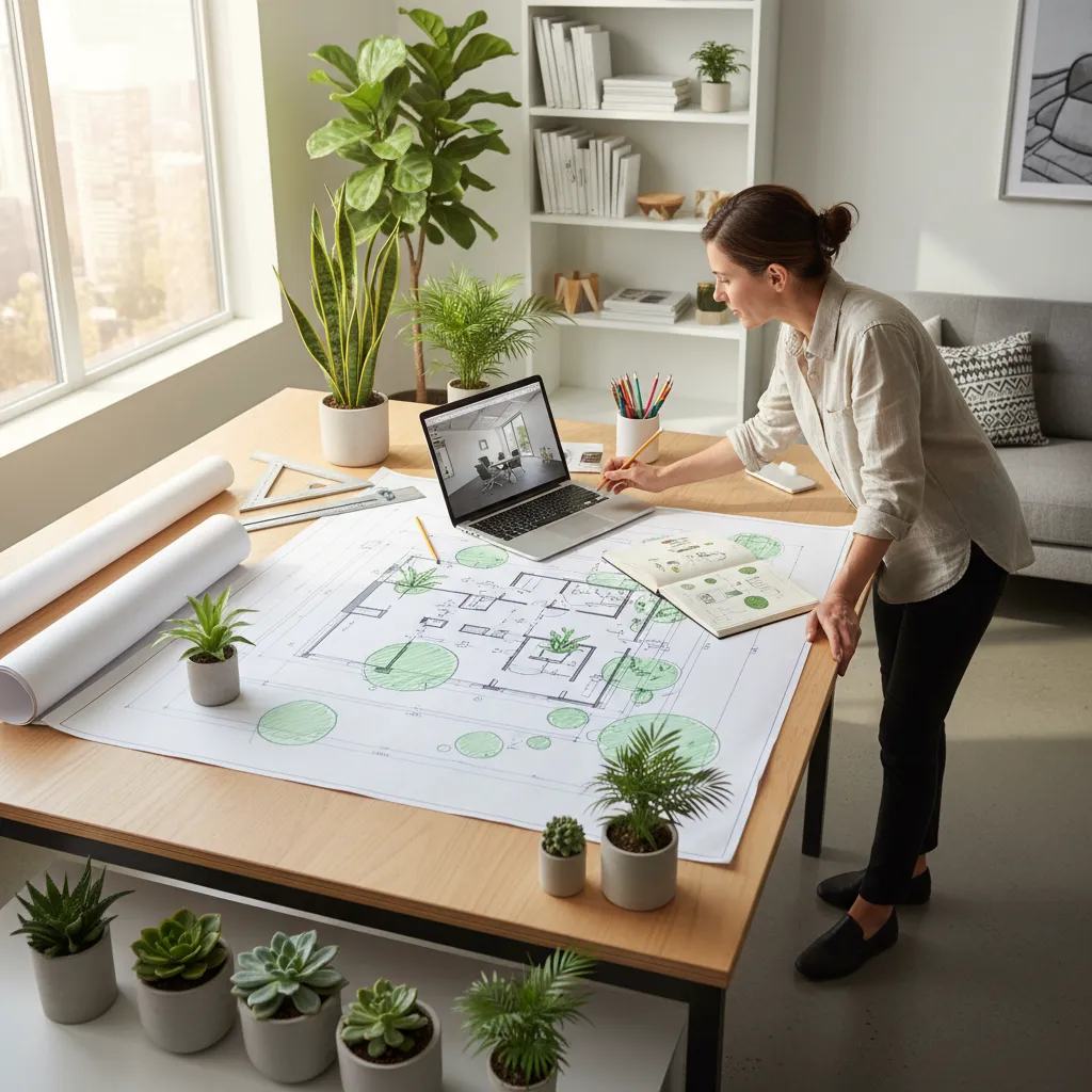 Diseñador planificando ubicación de plantas en un plano interior