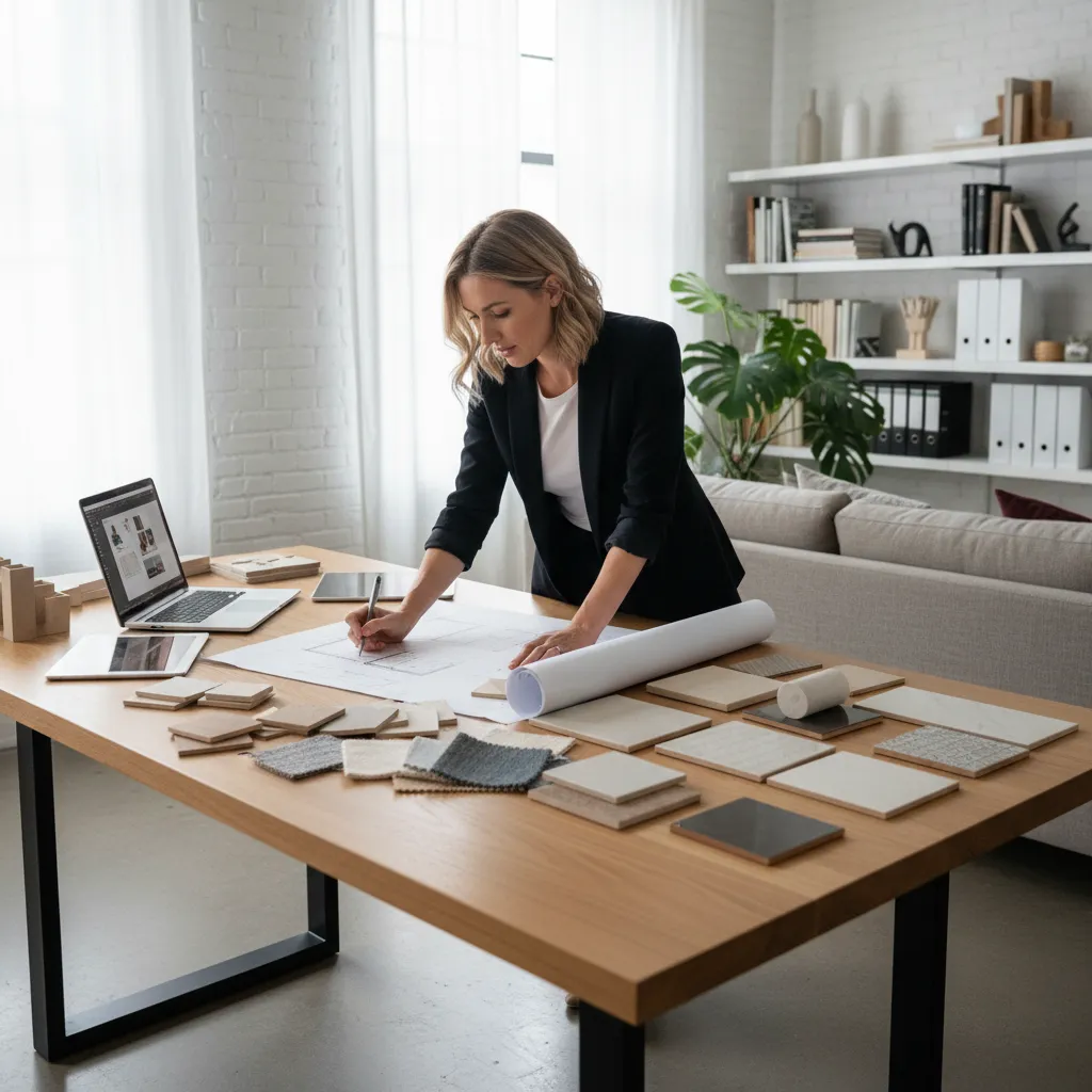 Diseñador revisando plano de interior con muestras de materiales