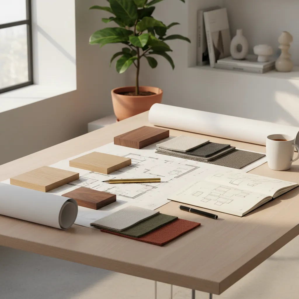 Wooden desk with floor plan paper fabric samples wood blocks notebook pen and white mug