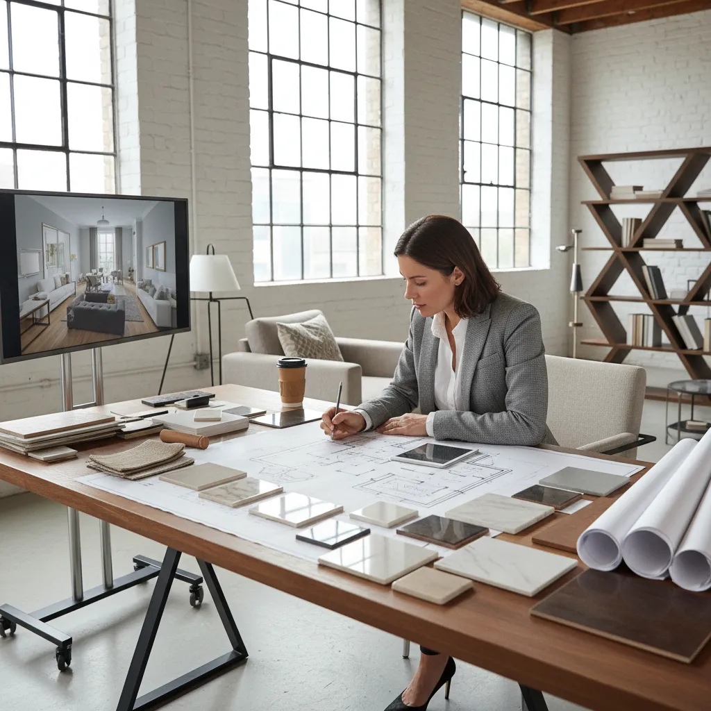 Diseñador revisando planos de un proyecto de interiorismo