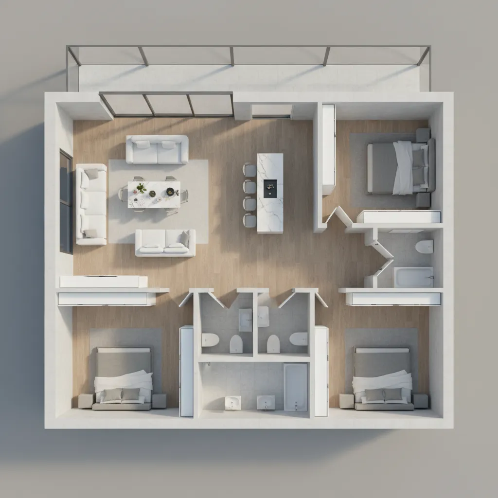 Plano 3D de vivienda mostrando ubicación de puertas interiores