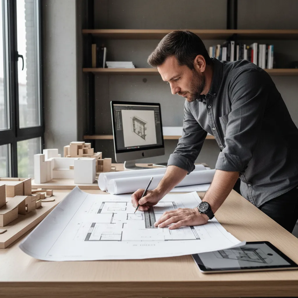 Professional designer drawing house floor plan at wooden desk with computer monitor and building model