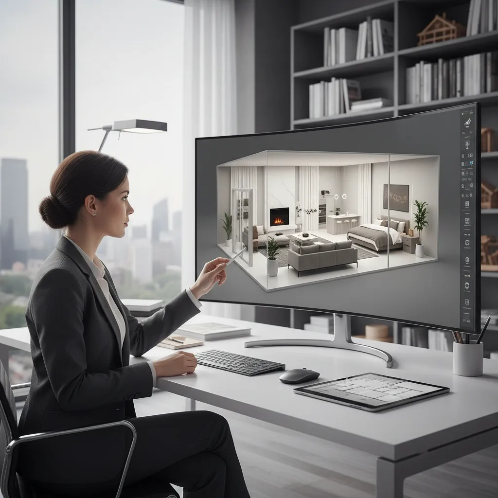 Female interior designer using a curved monitor to view a modern 3D room layout design
