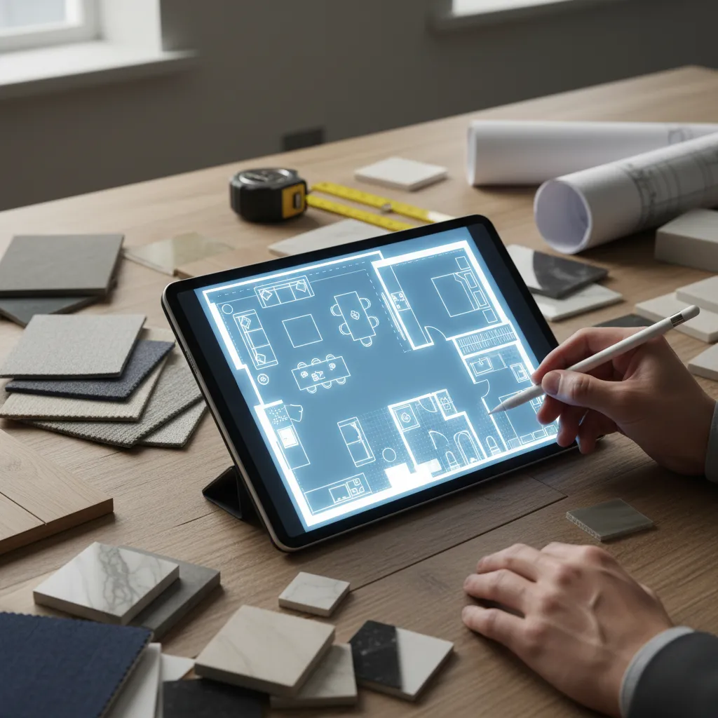 Hands using stylus on tablet showing blue floor plan layout surrounded by many material samples