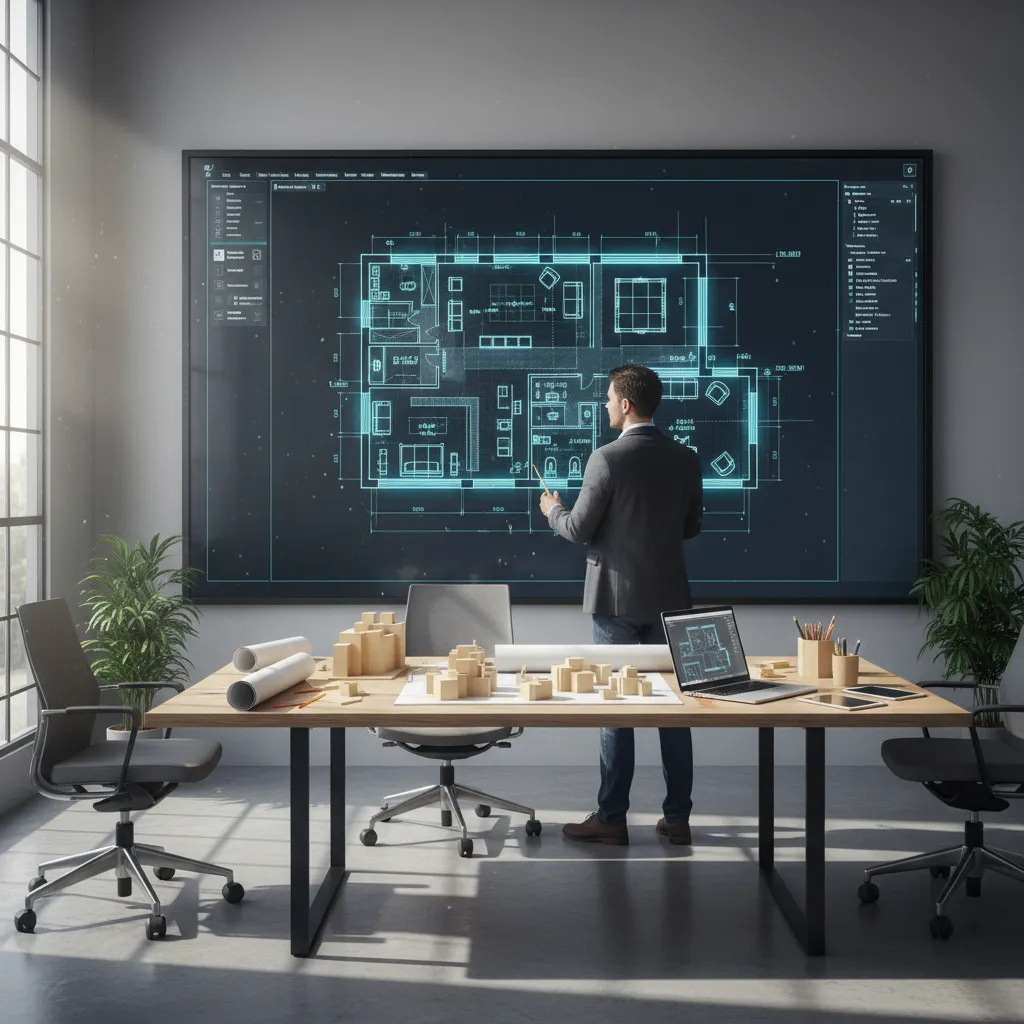 Arquitecto revisando plano digital de reforma de vivienda