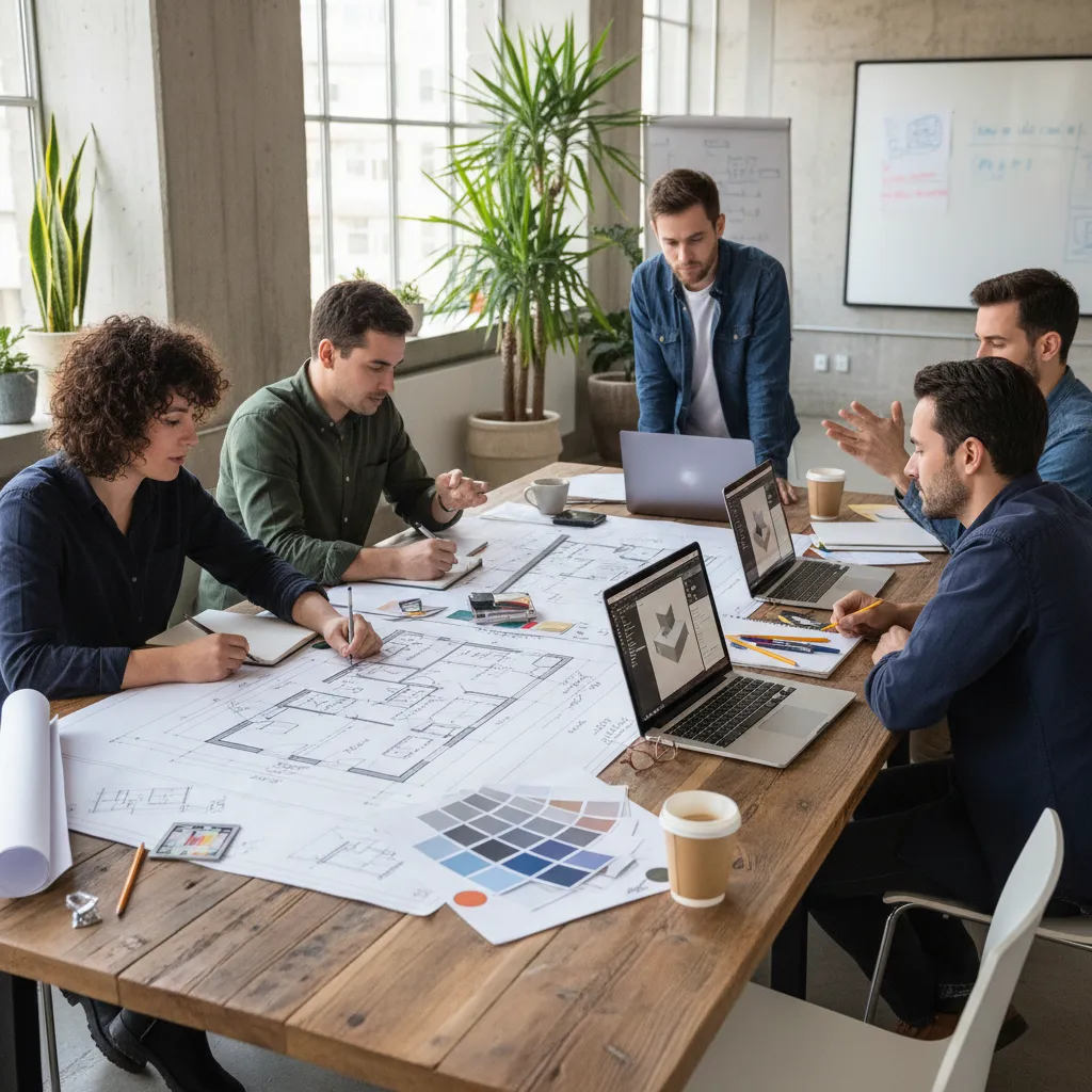 Equipo de diseño revisando planos de una vivienda antes de una reforma