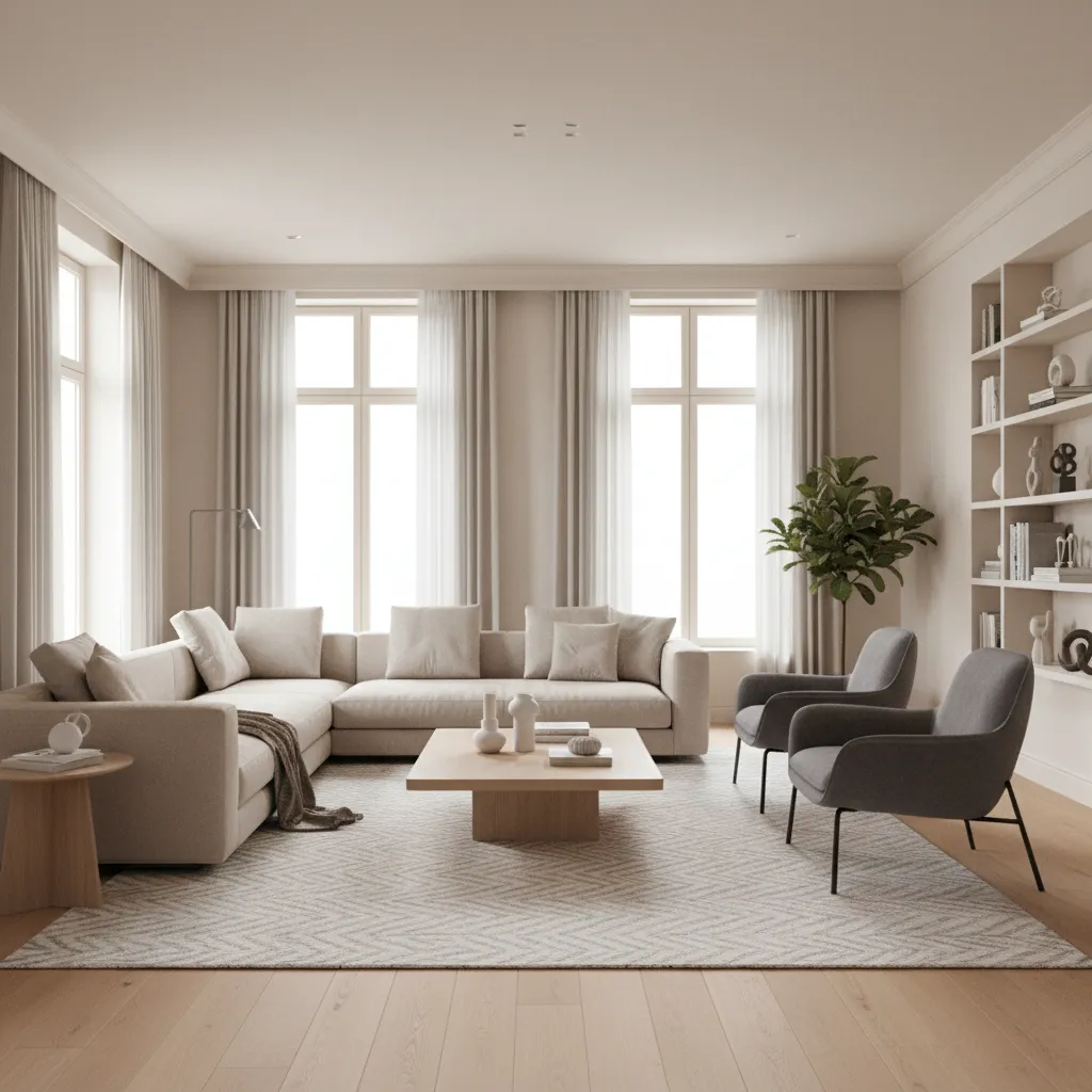 Planificación de sala de estar en modelo 3D con muebles y distribución