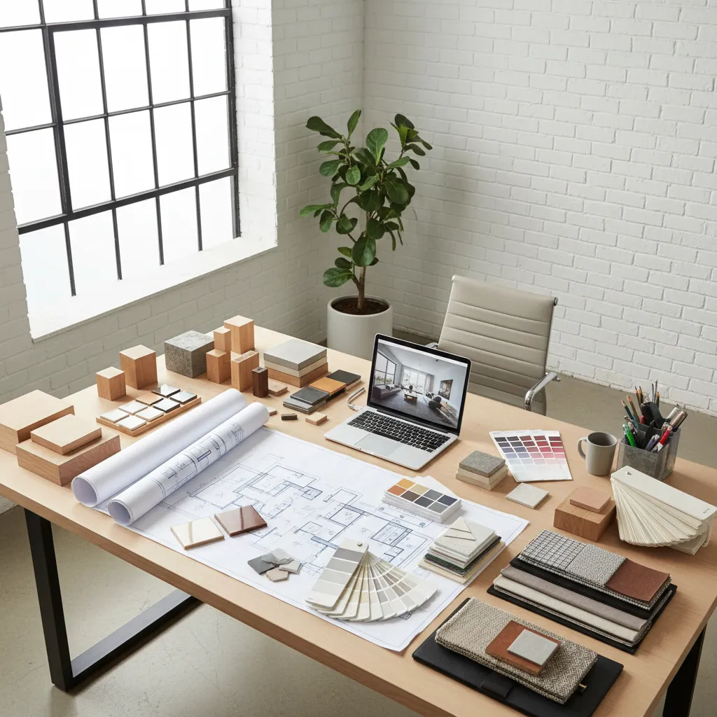 Proceso de planificación de una sala con planos y muestras de materiales