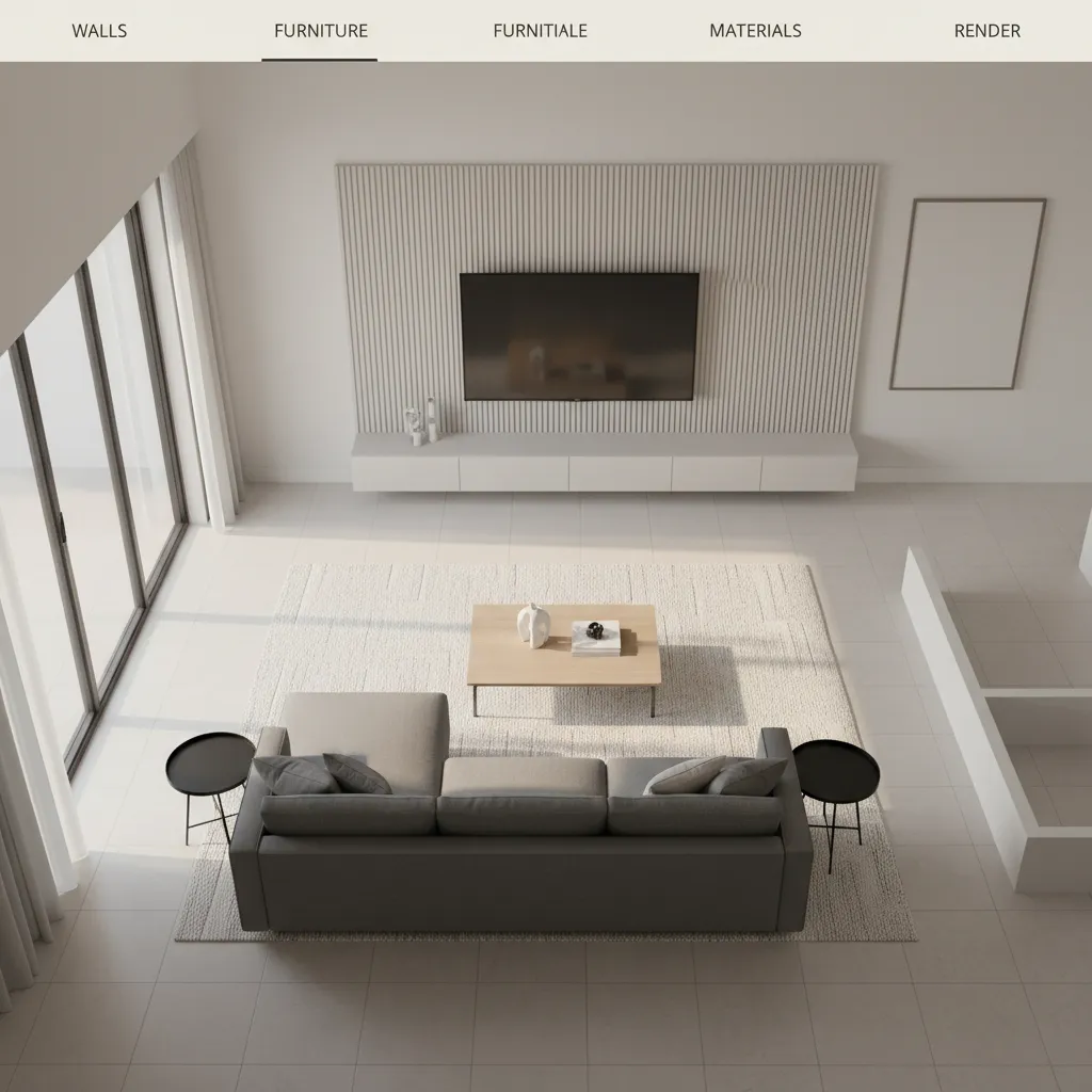 Plano digital de sala de estar con muebles colocados en un simulador de interiores