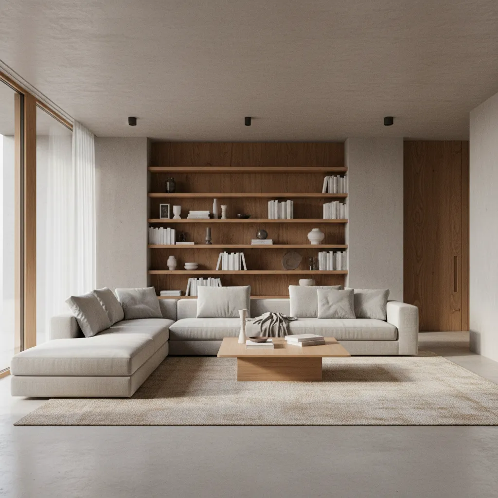 Modelo 3D de salón moderno con muebles colocados digitalmente