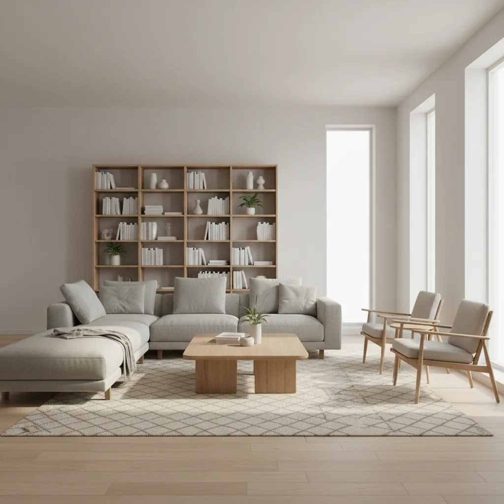 Modern living room with grey sofa wooden coffee table large bookshelf two armchairs and rug