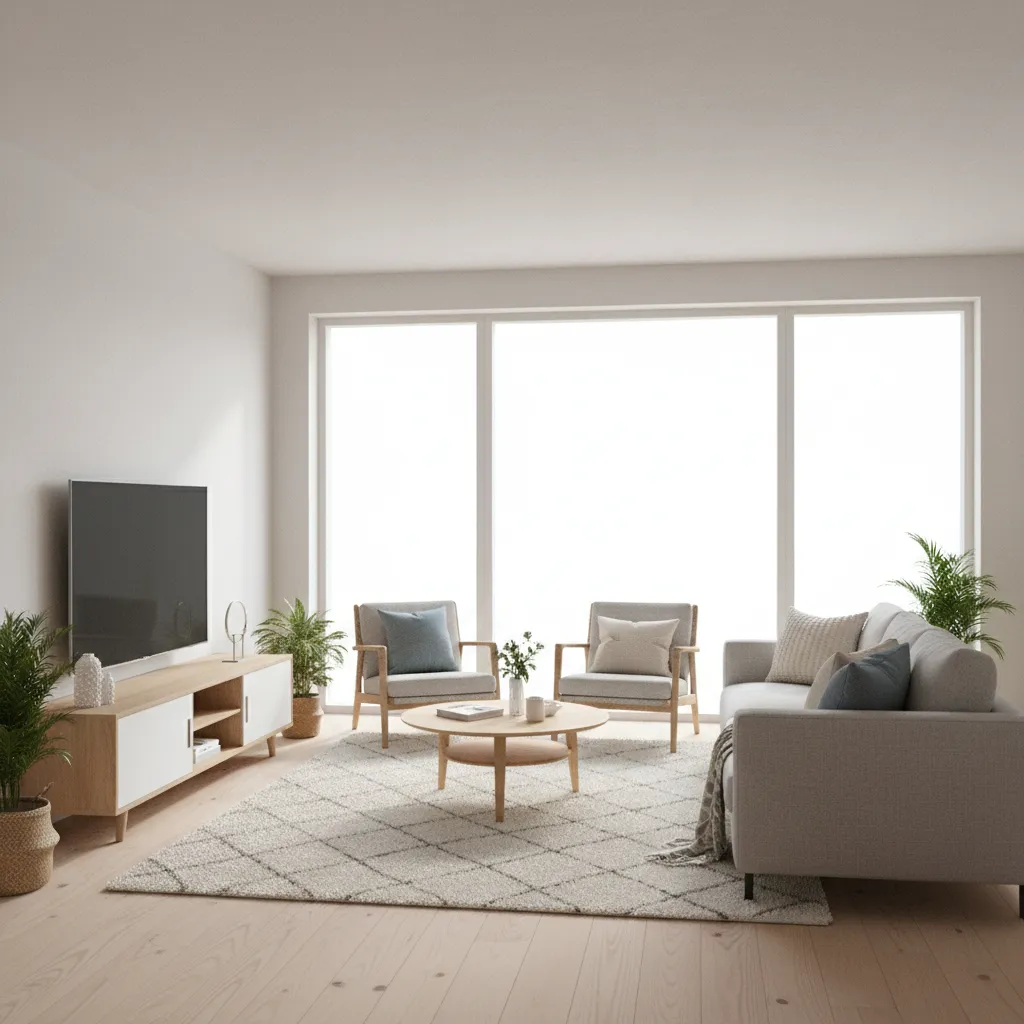 Modelo 3D de un salón moderno con sofá, mesa y distribución equilibrada