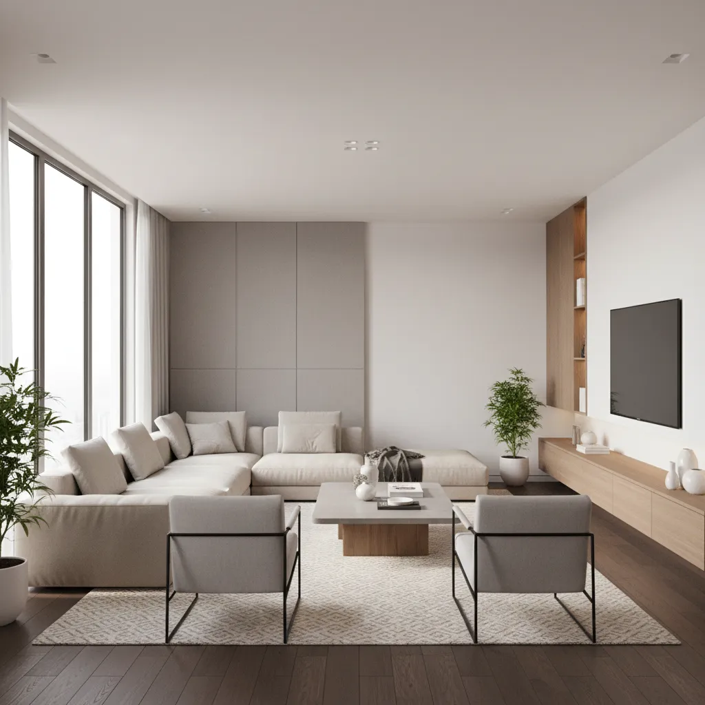 Living room with beige sofa two grey chairs coffee table and TV on wood cabinet