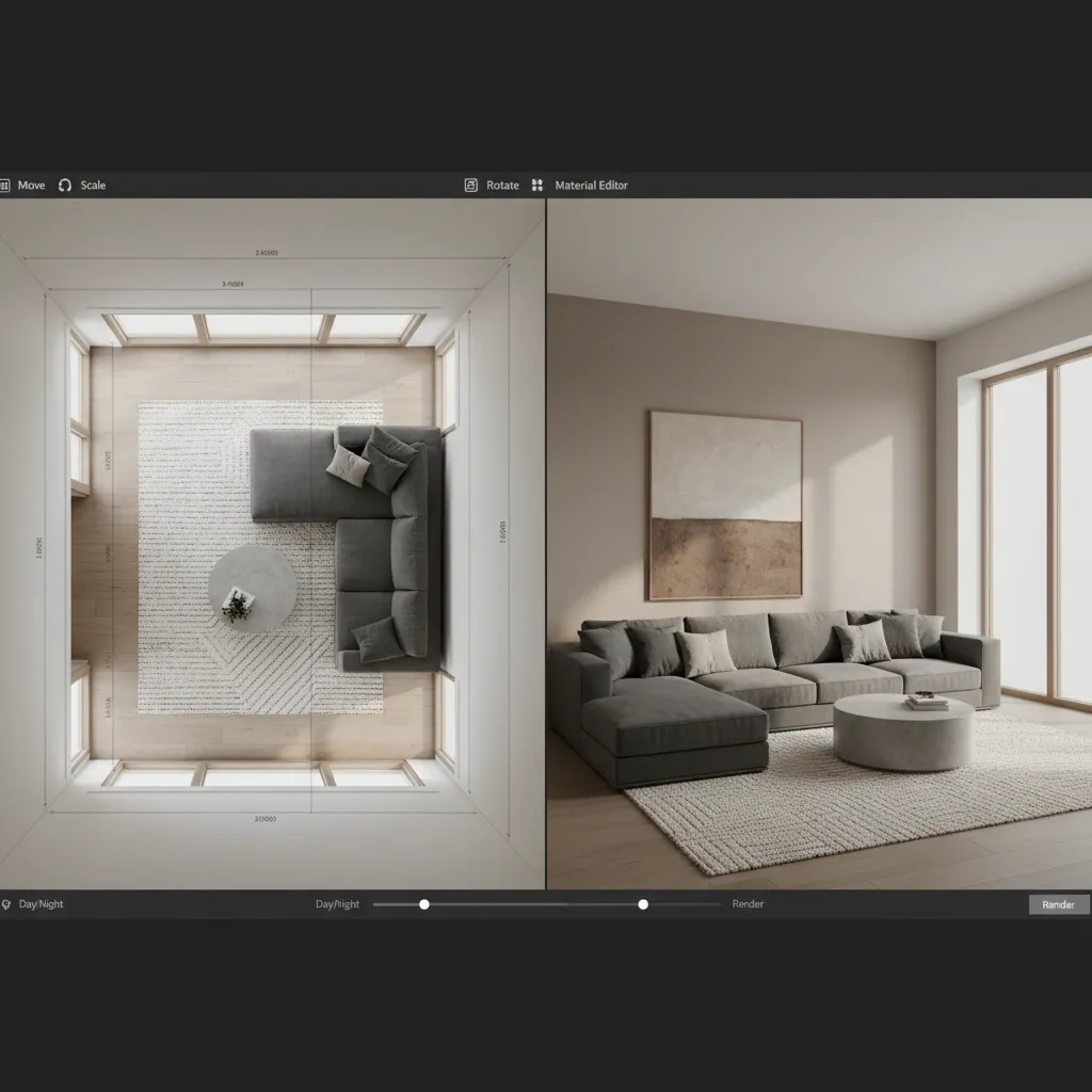 Top down room layout shown next to a modern 3D interior design drawing screen view