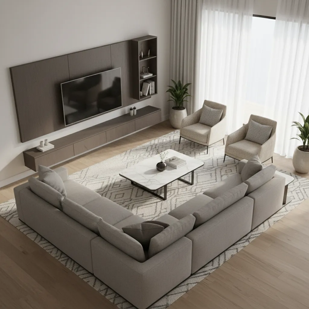 Modelo 3D de un salón mostrando distribución de sofá, mesa y televisión