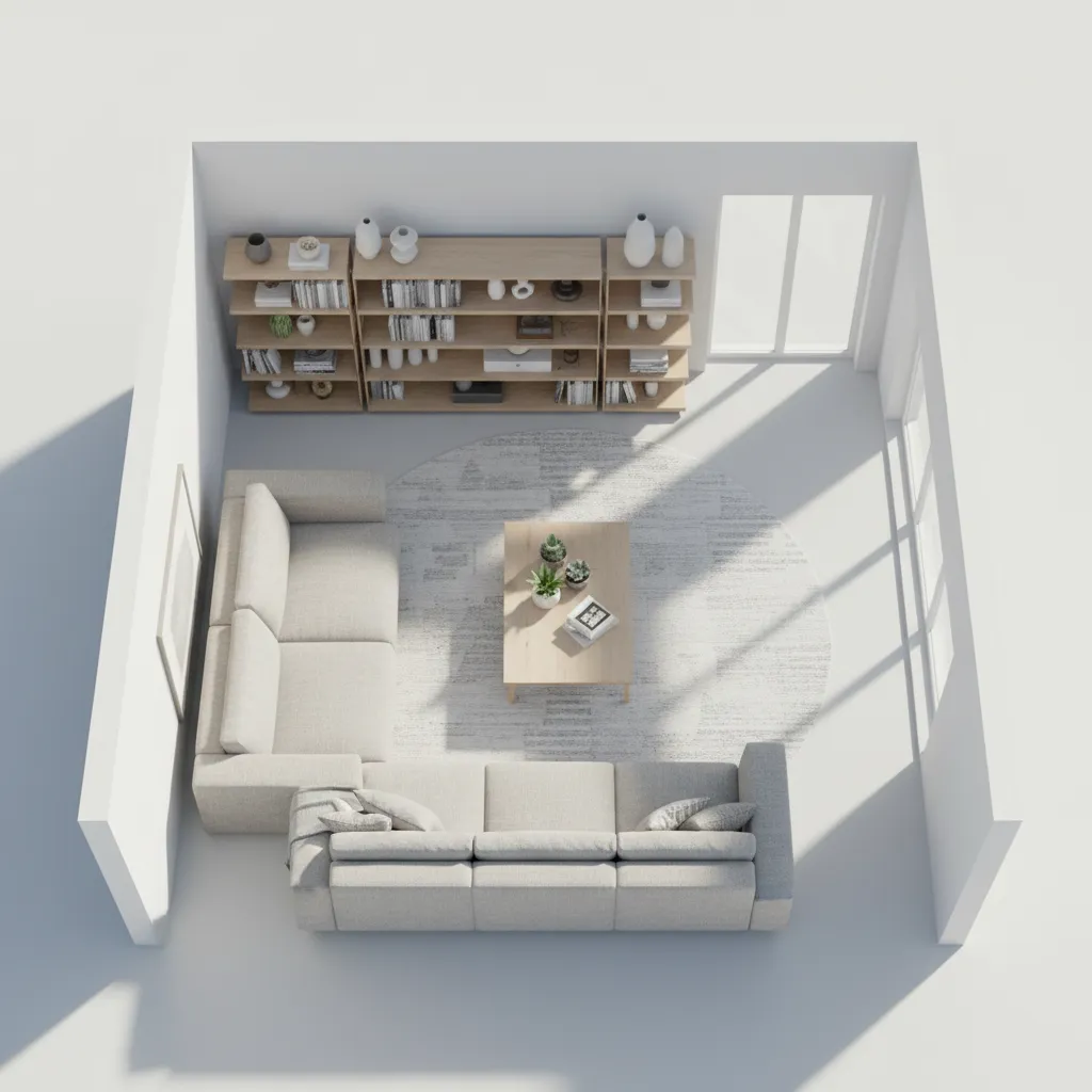 Visualización 3D de la distribución de un salón moderno