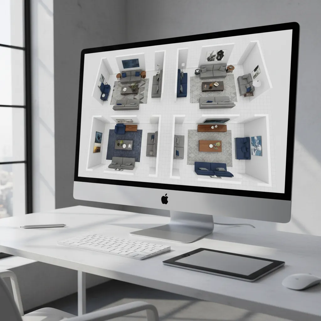 Diseño digital de un salón con diferentes distribuciones de muebles