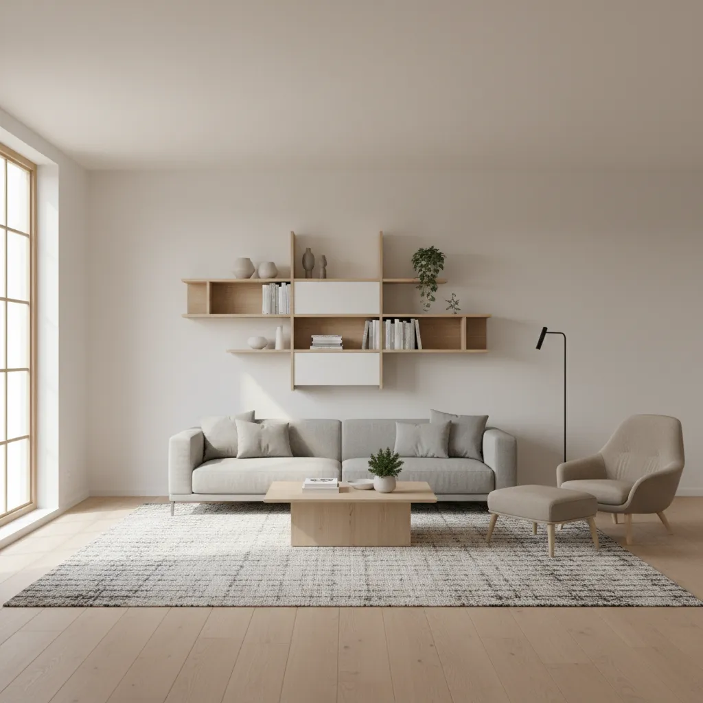 Minimalist living room with gray sofa wooden wall shelves light wood floor and large window