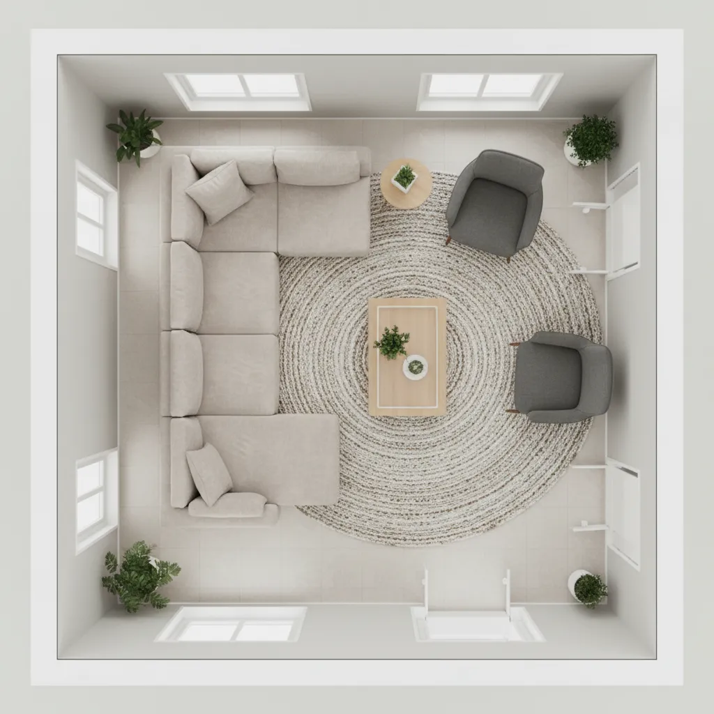Plano de distribución de salón con muebles colocados estratégicamente