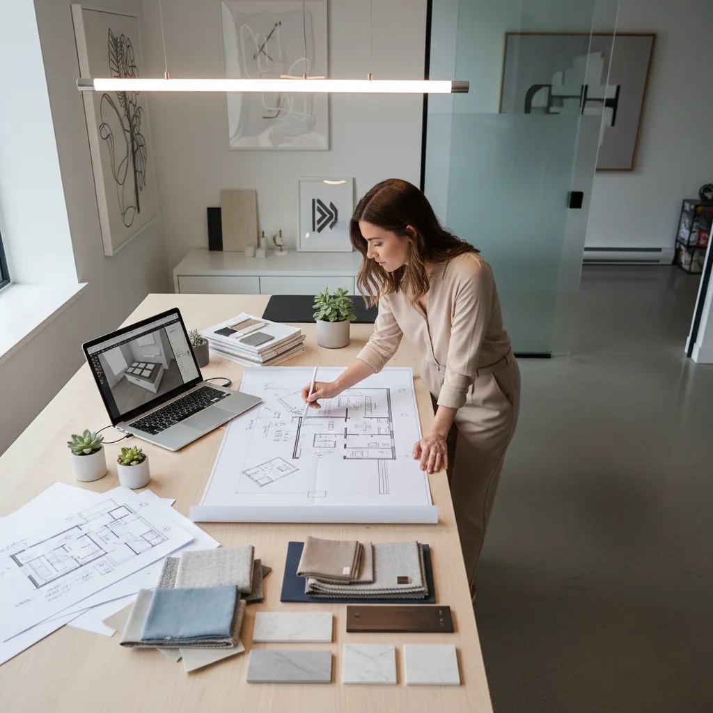 Diseñador revisando la distribución de un salón en plano