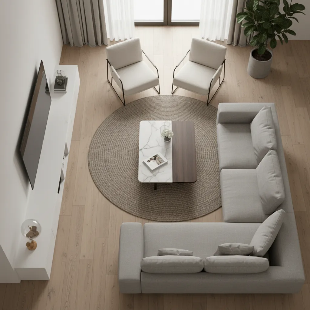 Plano de distribución de muebles en un salón moderno