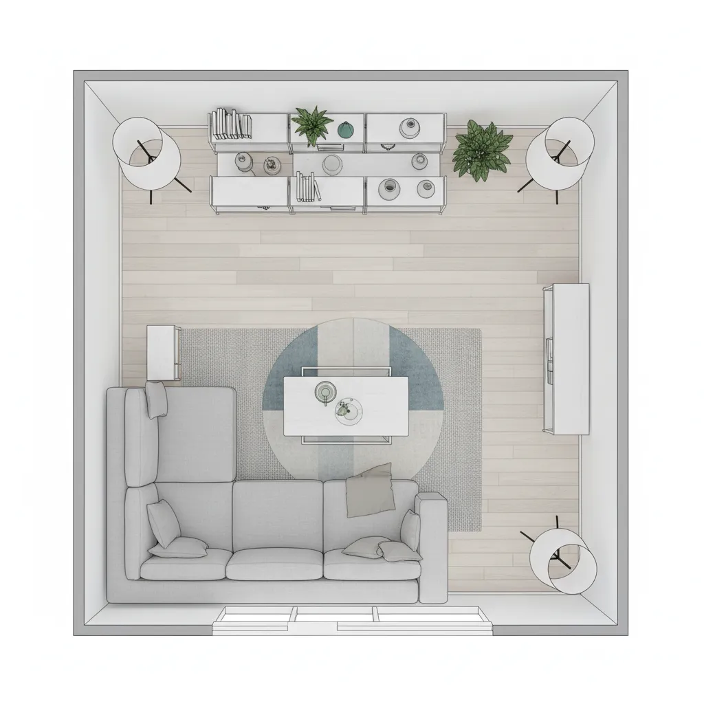 Plano de distribución de un salón con muebles estilo IKEA