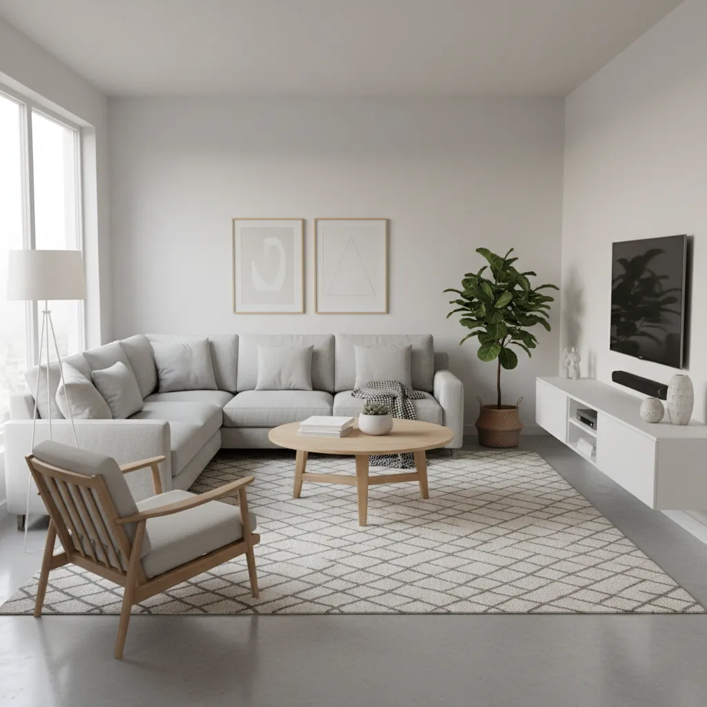 Modern living room with grey corner sofa wooden armchair round coffee table geometric rug television