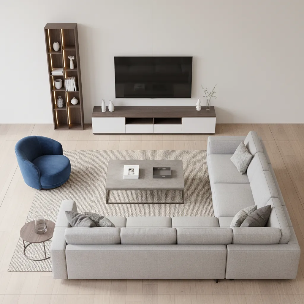 Top view of modern living room layout with gray sofa, blue chair, and coffee table