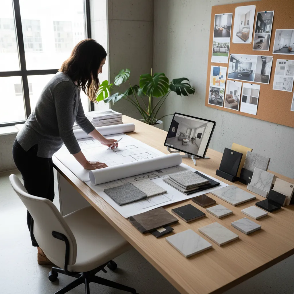 Diseñador analizando distribución de salón con planos y muestras de materiales