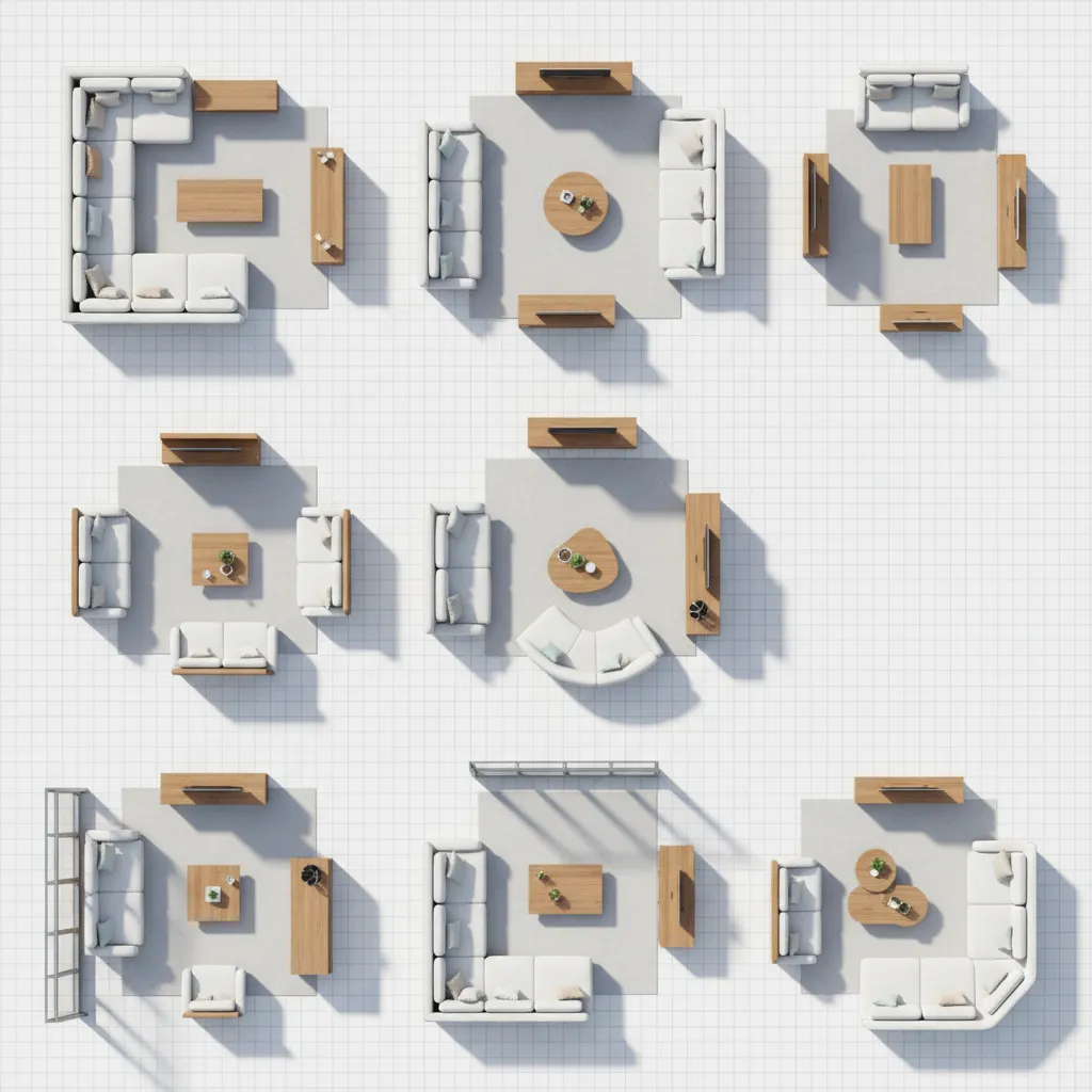 Diferentes distribuciones de muebles en un salón vistas desde arriba