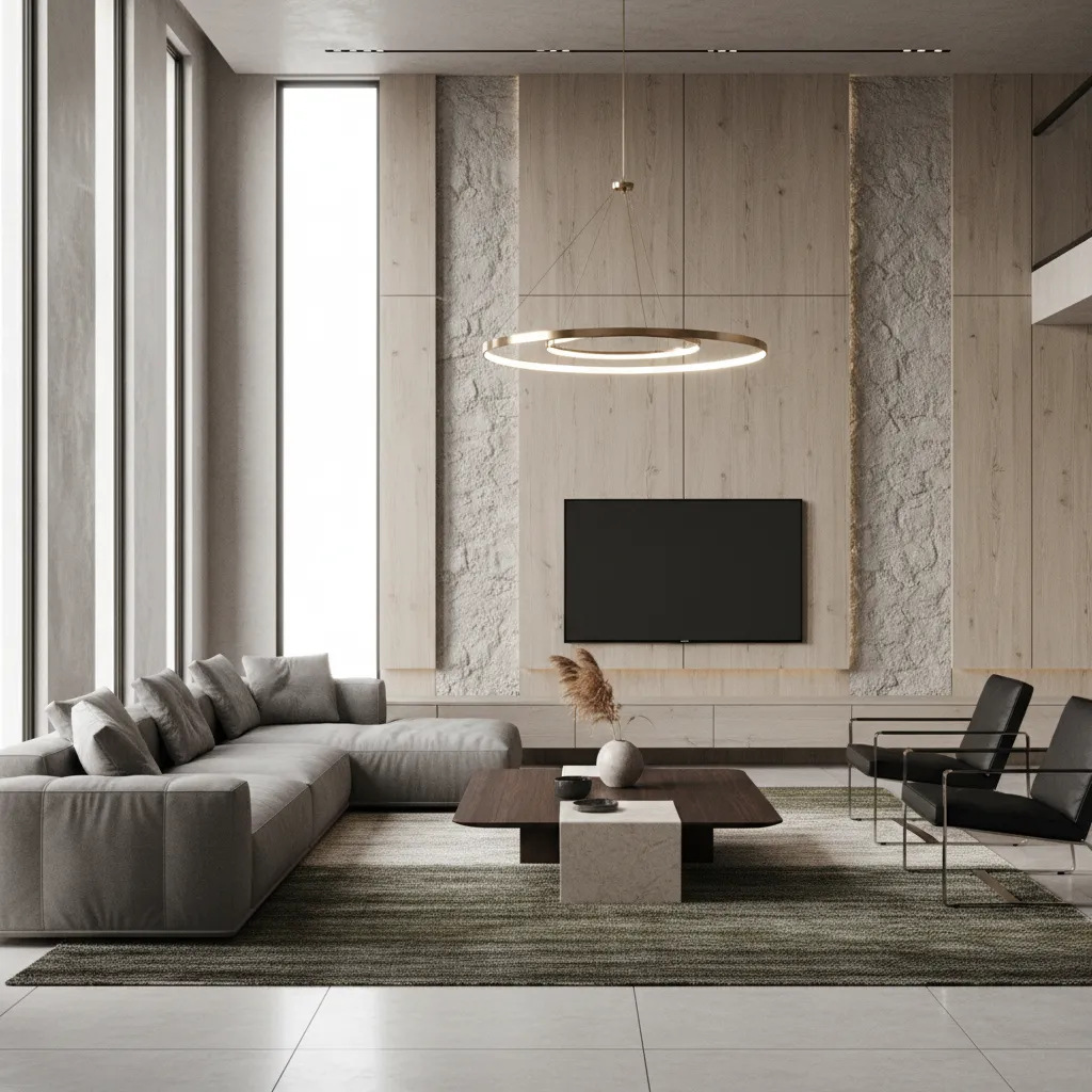 Modelo 3D de un salón moderno con muebles distribuidos digitalmente