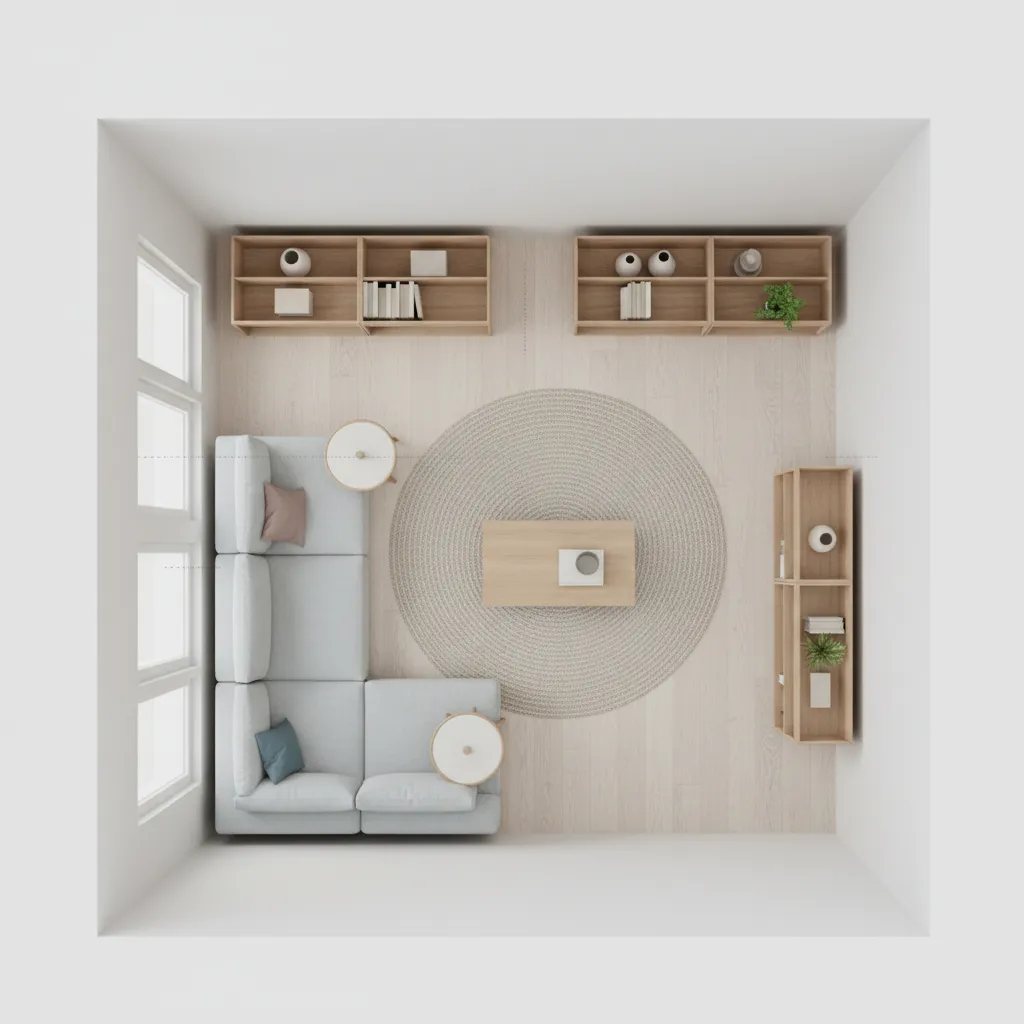 Plano digital de distribución de salón con muebles modulares