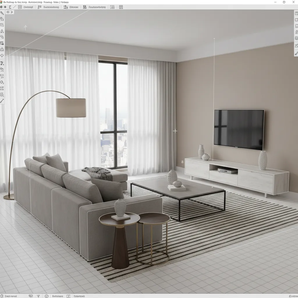 Diseño de distribución de un salón con muebles colocados digitalmente