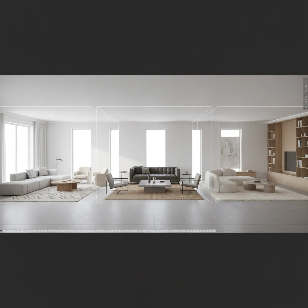Diseño digital de un salón con diferentes distribuciones de muebles