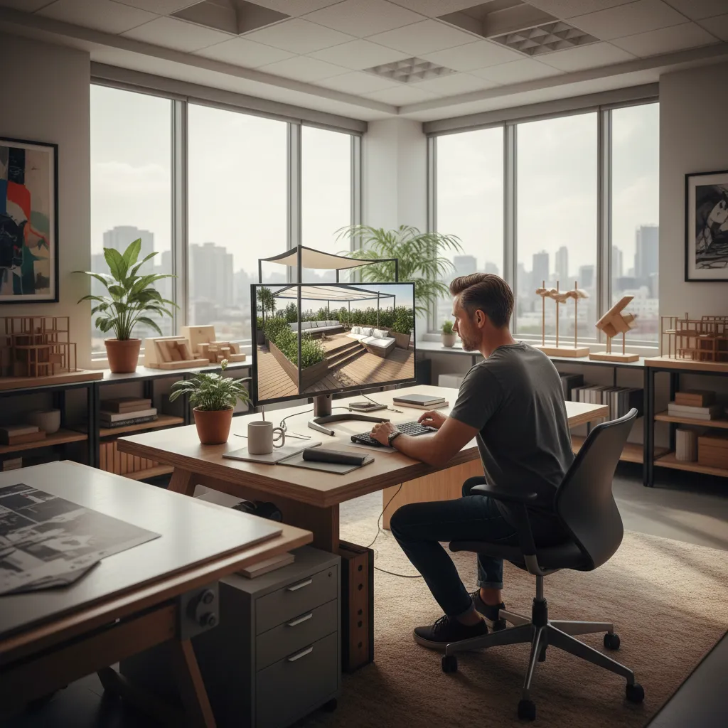 visualización 3D de diseño de techo exterior